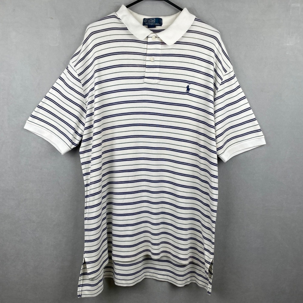 VTG Polo Ralph Lauren XL White Blue Green Striped Short Sleeve Polo Shirt Sporty